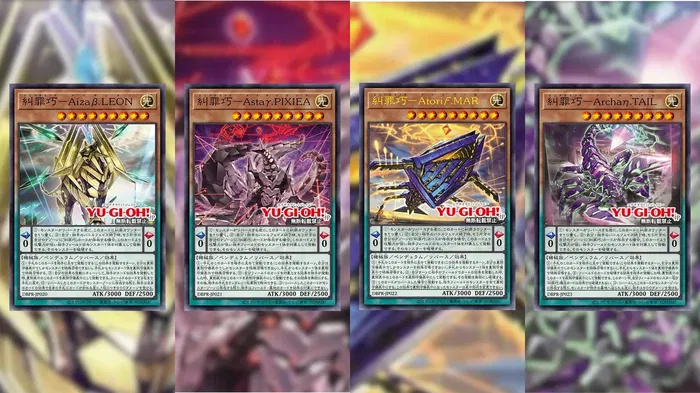 A picture of the Yu-Gi-Oh! cards, Enneacraft – Aizaβ.LEON, Enneacraft – Astarγ.PIXIEA, Enneacraft – AtoriϜ.MAR, and Enneacraft – Archaη.TAIL.